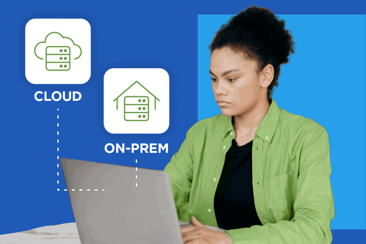 Person working on a laptop with icons representing Cloud and On-Prem servers.